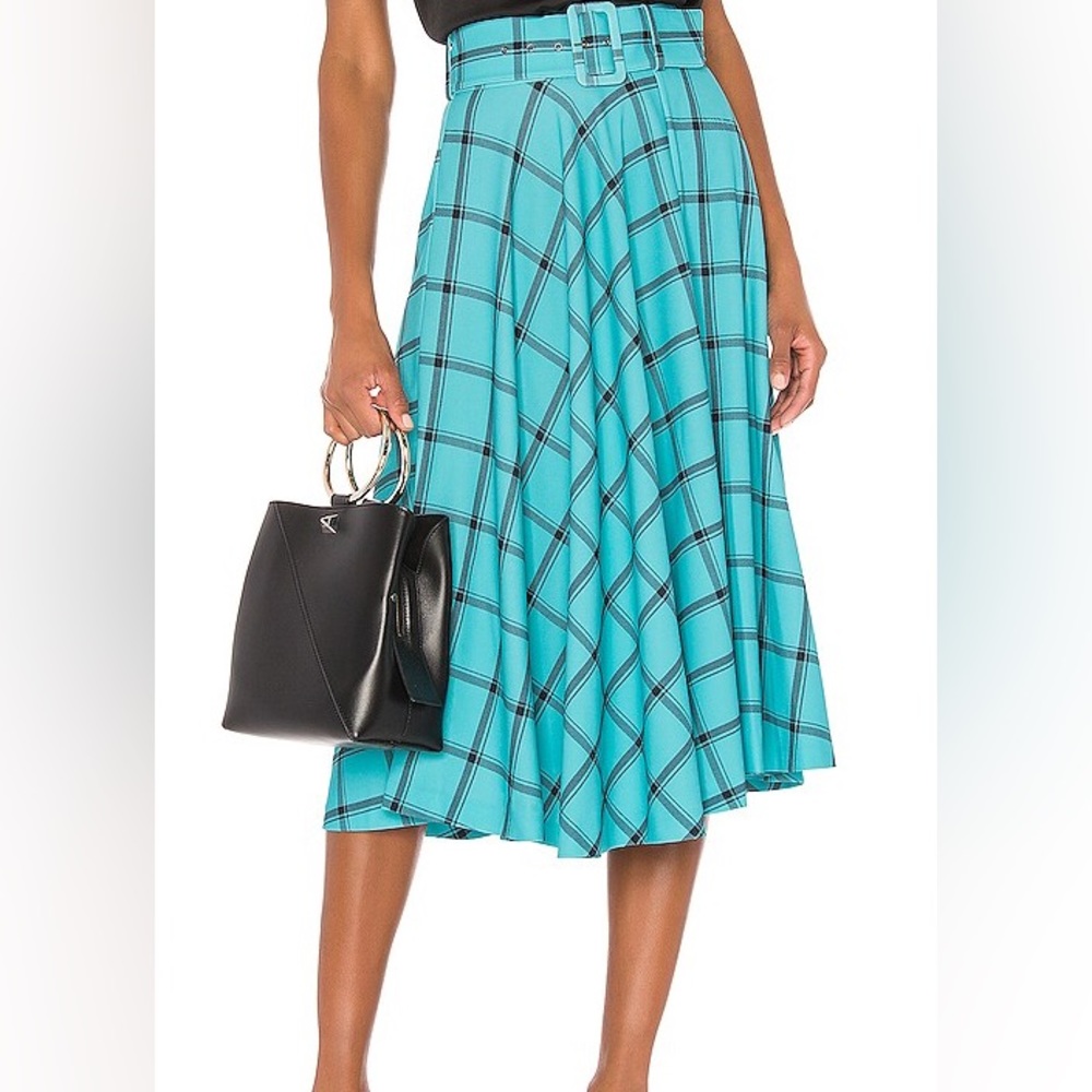 alice + oliva Parcell Flared Midi Skirt in MD Plaid Bluebird & Black, size 10